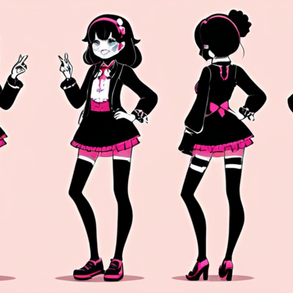 **

A character design showcasing a unique silhouette, vibrant colors, and symbolic motifs. The character's pose should exude confidence and the expression should be friendly. The background incorporates elements of the character's backstory, suggesting their goals and relationships. The overall style is a balanced mix of "kawaii" and sophistication, appealing to a broad audience.
**