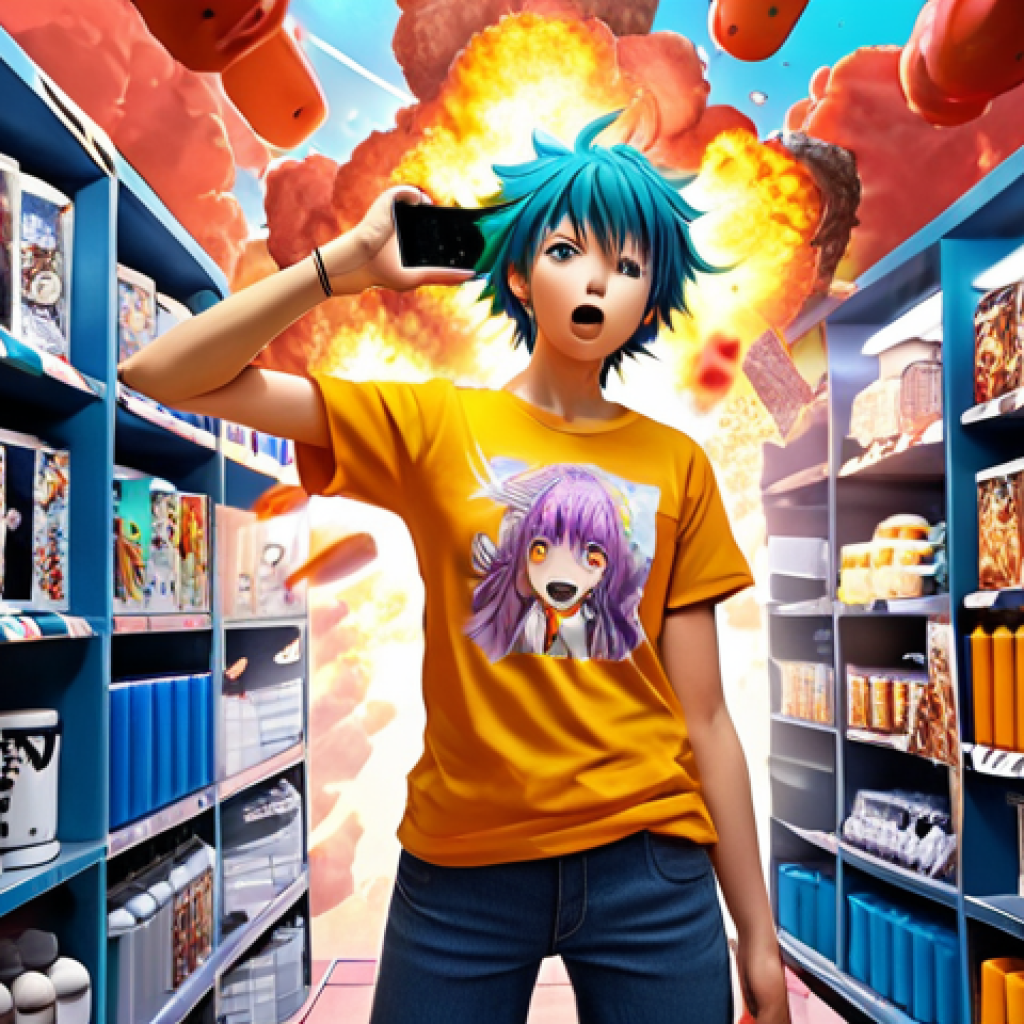 **Prompt:** Anime character, explosion of individuality, merchandise display, T-shirts, mugs, phone cases, vibrant colors, dynamic pose, showcasing unique story elements.