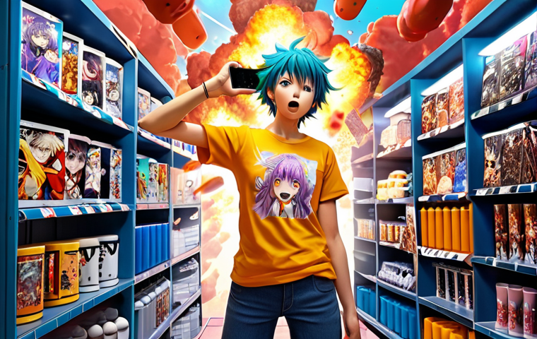 **Prompt:** Anime character, explosion of individuality, merchandise display, T-shirts, mugs, phone cases, vibrant colors, dynamic pose, showcasing unique story elements.