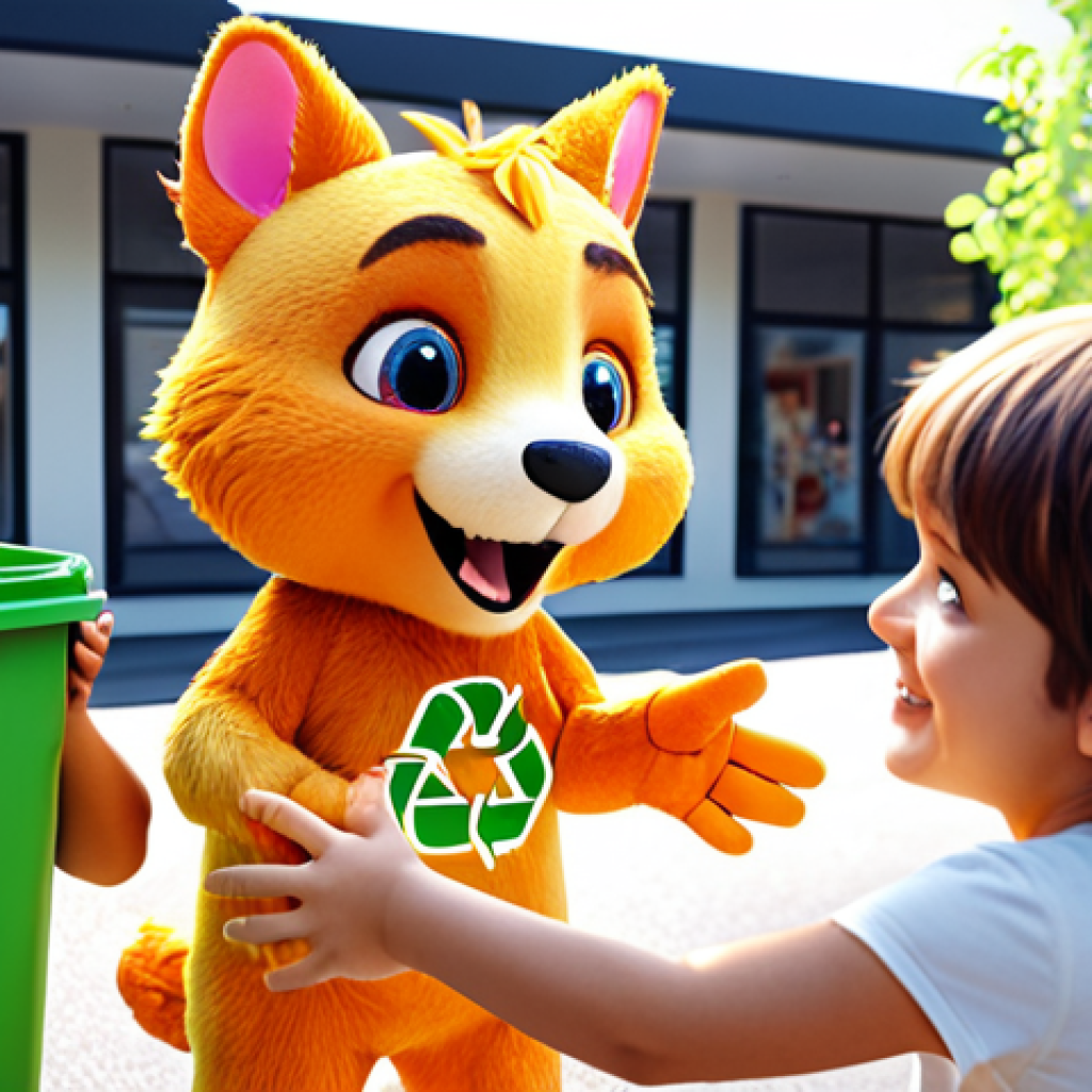 **

> A heartwarming scene depicting a cute mascot character (animal or creature) interacting with children while promoting environmental awareness and recycling. Focus on bright colors and a positive, educational atmosphere.

**