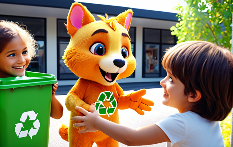 **

> A heartwarming scene depicting a cute mascot character (animal or creature) interacting with children while promoting environmental awareness and recycling. Focus on bright colors and a positive, educational atmosphere.

**