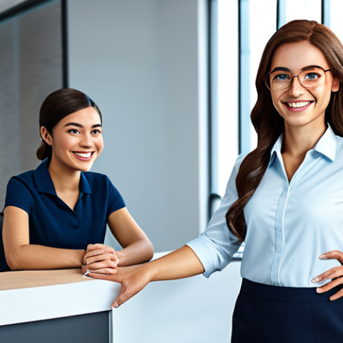 A charming, original corporate character, distinct and friendly, fully clothed in a professional, modest business uniform. This character is standing confidently in a modern, brightly lit office lobby, engaging with a diverse group of employees. The setting emphasizes collaboration and brand identity. The character has perfect anatomy, correct proportions, well-formed hands, proper finger count, and a natural pose. Professional photography, high quality, safe for work, appropriate content, family-friendly.