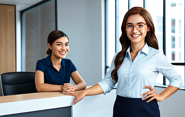 A charming, original corporate character, distinct and friendly, fully clothed in a professional, modest business uniform. This character is standing confidently in a modern, brightly lit office lobby, engaging with a diverse group of employees. The setting emphasizes collaboration and brand identity. The character has perfect anatomy, correct proportions, well-formed hands, proper finger count, and a natural pose. Professional photography, high quality, safe for work, appropriate content, family-friendly.