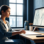 A professional female character designer, fully clothed in a modest business casual outfit, sitting at a sleek desk in a modern, sunlit design studio. She is looking intently at a large monitor displaying detailed AI-generated concept art of a character, while her other hand rests near a traditional sketchbook and a digital drawing tablet. The studio background shows neatly organized art supplies and ergonomic furniture, emphasizing the harmonious blend of traditional artistry and advanced AI tools in the creative process. Safe for work, appropriate content, fully clothed, professional, perfect anatomy, correct proportions, natural pose, well-formed hands, proper finger count, natural body proportions, high-quality digital illustration, cinematic lighting.