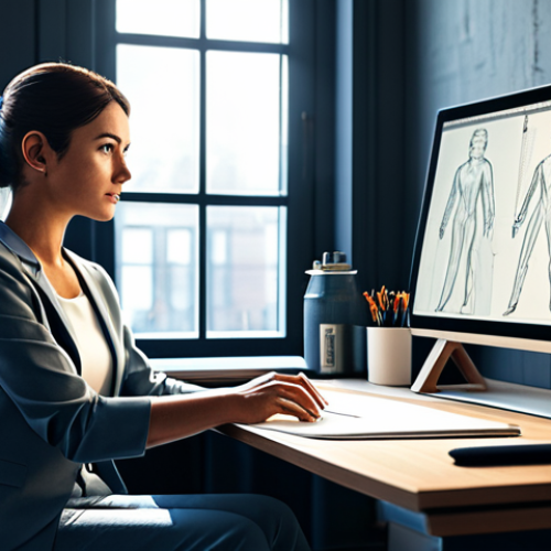 A professional female character designer, fully clothed in a modest business casual outfit, sitting at a sleek desk in a modern, sunlit design studio. She is looking intently at a large monitor displaying detailed AI-generated concept art of a character, while her other hand rests near a traditional sketchbook and a digital drawing tablet. The studio background shows neatly organized art supplies and ergonomic furniture, emphasizing the harmonious blend of traditional artistry and advanced AI tools in the creative process. Safe for work, appropriate content, fully clothed, professional, perfect anatomy, correct proportions, natural pose, well-formed hands, proper finger count, natural body proportions, high-quality digital illustration, cinematic lighting.