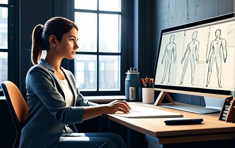 A professional female character designer, fully clothed in a modest business casual outfit, sitting at a sleek desk in a modern, sunlit design studio. She is looking intently at a large monitor displaying detailed AI-generated concept art of a character, while her other hand rests near a traditional sketchbook and a digital drawing tablet. The studio background shows neatly organized art supplies and ergonomic furniture, emphasizing the harmonious blend of traditional artistry and advanced AI tools in the creative process. Safe for work, appropriate content, fully clothed, professional, perfect anatomy, correct proportions, natural pose, well-formed hands, proper finger count, natural body proportions, high-quality digital illustration, cinematic lighting.