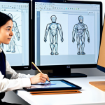 A professional female character designer, fully clothed in a stylish yet modest artistic smock, is seated at a large, ergonomic desk in a brightly lit, contemporary design studio. She is actively working on a large digital tablet, with a complex 3D character model visible on the screen, while her other hand holds a stylus, preparing to add 2D details. Several screens display various art software interfaces like Clip Studio Paint and Blender. The studio background is clean with design sketches pinned on a cork board. The scene emphasizes artistic creativity and technological integration. Perfect anatomy, correct proportions, natural pose, well-formed hands, proper finger count, natural body proportions. Safe for work, appropriate content, fully clothed, professional.