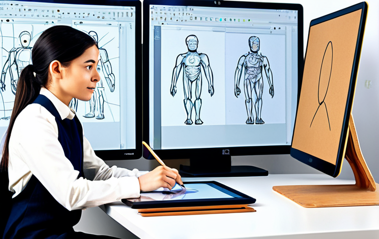 A professional female character designer, fully clothed in a stylish yet modest artistic smock, is seated at a large, ergonomic desk in a brightly lit, contemporary design studio. She is actively working on a large digital tablet, with a complex 3D character model visible on the screen, while her other hand holds a stylus, preparing to add 2D details. Several screens display various art software interfaces like Clip Studio Paint and Blender. The studio background is clean with design sketches pinned on a cork board. The scene emphasizes artistic creativity and technological integration. Perfect anatomy, correct proportions, natural pose, well-formed hands, proper finger count, natural body proportions. Safe for work, appropriate content, fully clothed, professional.