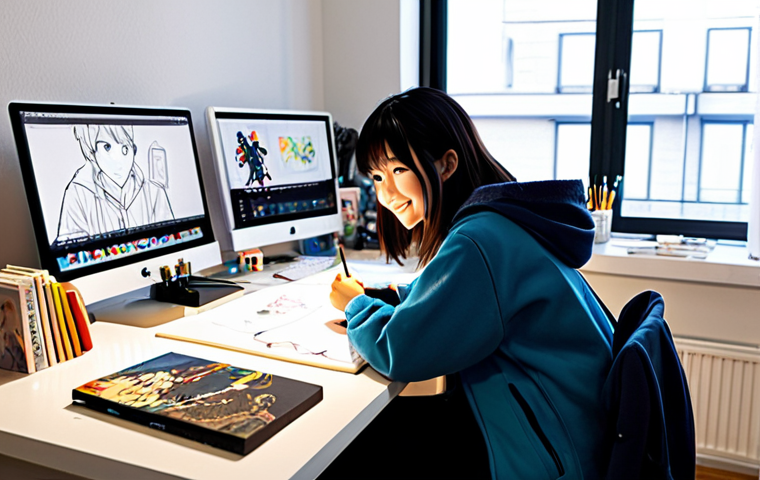 Aspiring Character Designer's Workspace**

"A young Japanese woman sits at a desk in a brightly lit, modern apartment, surrounded by anime figures, art books, and digital drawing tools. She's smiling, focused, and sketching a character design in CLIP STUDIO PAINT. The desk is organized yet filled with creative energy. Soft, diffused lighting, perfect anatomy, fully clothed, appropriate attire, professional, safe for work, family-friendly."

**