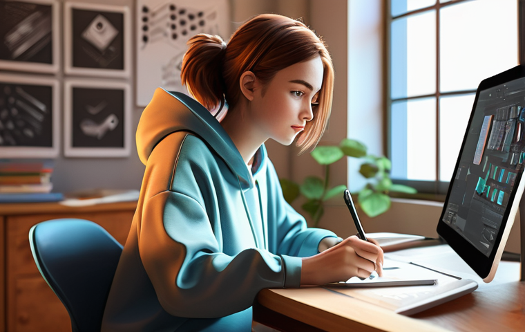 캐릭터 디자인 전공의 학비와 장학금 - **Prompt 1: Aspiring Digital Character Artist in a Creative Space**
    A young, determined female s...