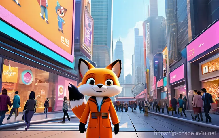 캐릭터 디자인의 산업적 가치 - **"Global Character IP Empire: A Vibrant City Scene"**
    A wide-angle, dynamic shot of a bustling,...