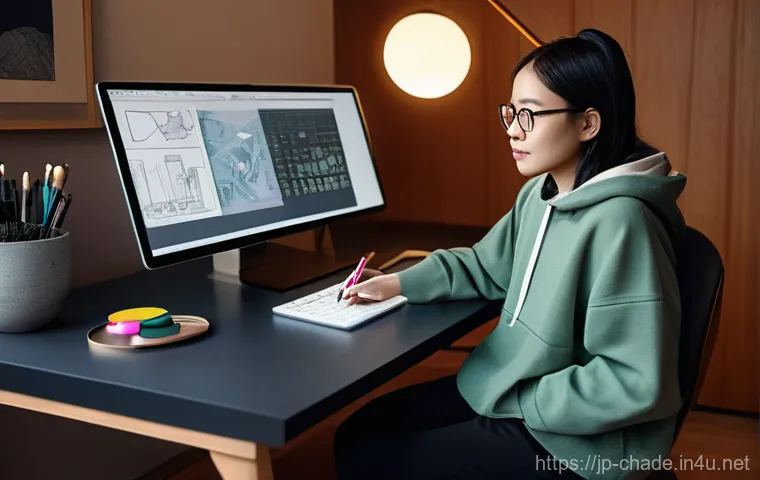 캐릭터 디자인 직업 윤리 - **Prompt: The Thoughtful Creator's Studio**
    A bright, clean, and modern artist's studio. In the ...