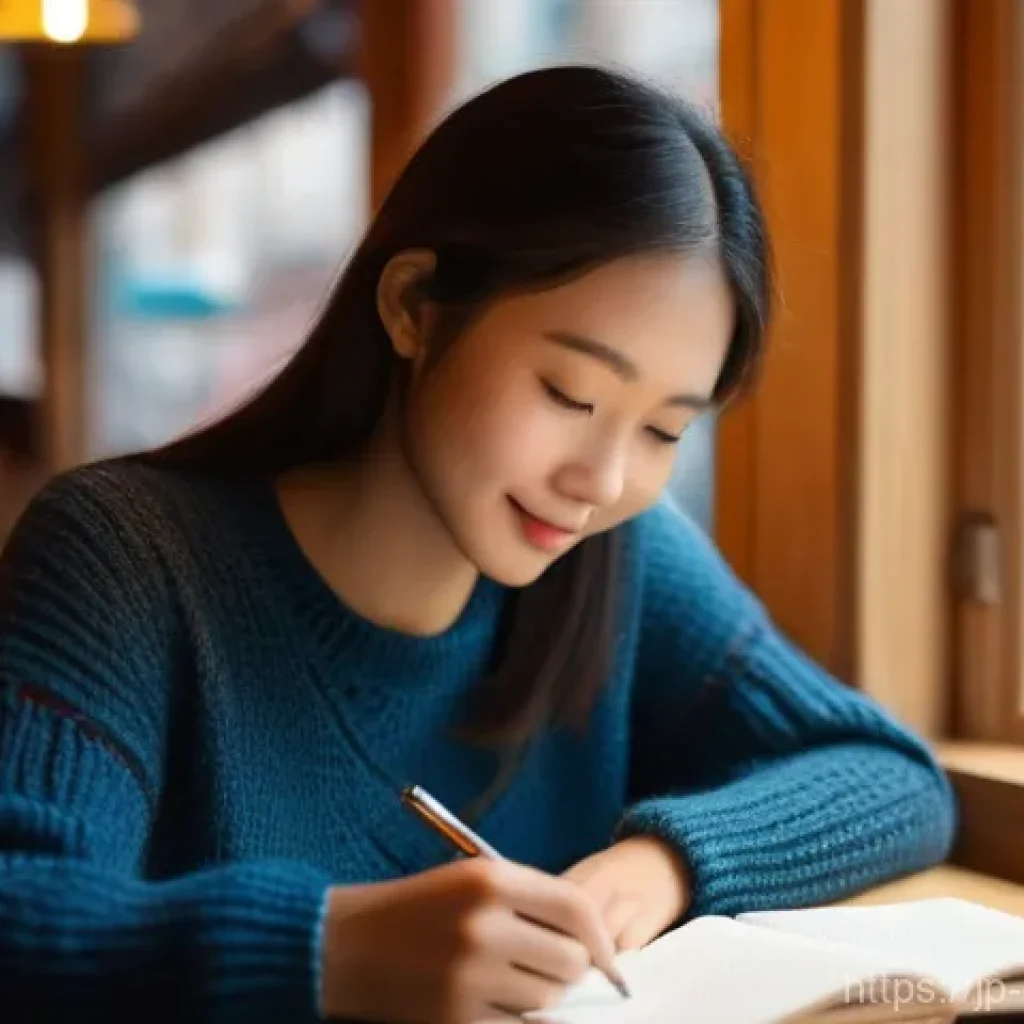 캐릭터 디자인 실습 스케줄 관리 - **Prompt:** A young, focused Asian woman (20s) in a cozy cafe, wearing a stylish but casual knitted ...