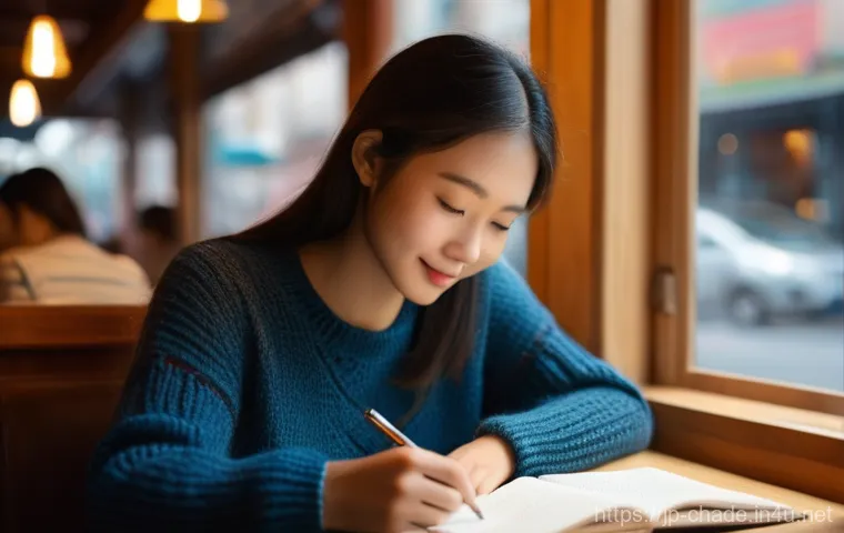 캐릭터 디자인 실습 스케줄 관리 - **Prompt:** A young, focused Asian woman (20s) in a cozy cafe, wearing a stylish but casual knitted ...