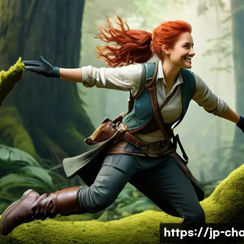 캐릭터 디자인 참고용 드로잉 팁 - A vibrant and determined young female adventurer, mid-leap over ancient roots, her dynamic pose capt...