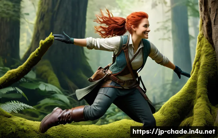 캐릭터 디자인 참고용 드로잉 팁 - A vibrant and determined young female adventurer, mid-leap over ancient roots, her dynamic pose capt...