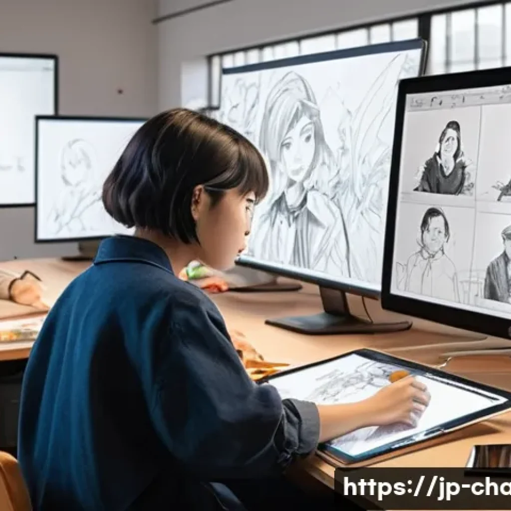 캐릭터 디자인 입시학원 선택 팁 - A modern character design classroom scene in a Japanese art school, showing diverse students attenti...