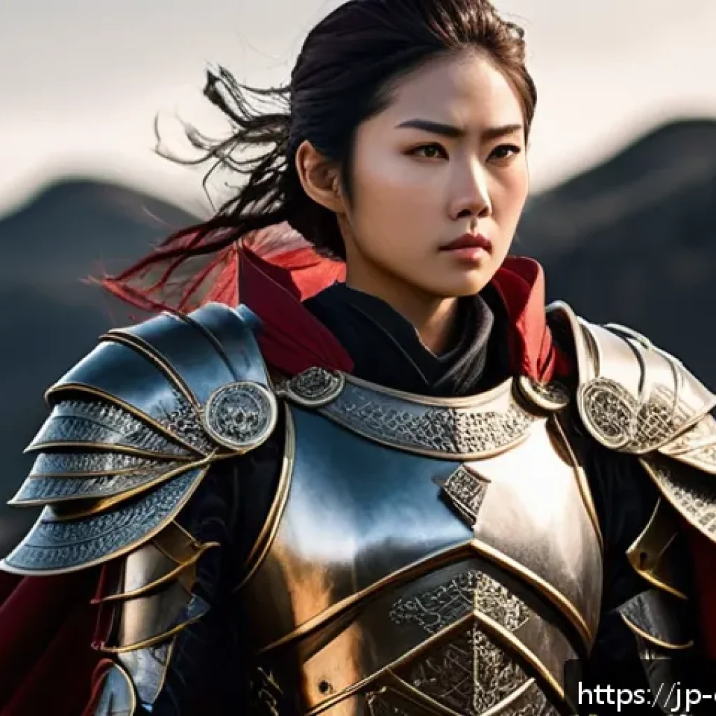 캐릭터 디자인 이론 필수 과목 - A confident young female warrior standing tall with a bold silhouette, wearing intricately detailed ...