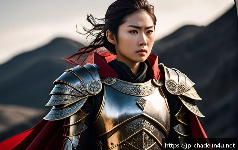 캐릭터 디자인 이론 필수 과목 - A confident young female warrior standing tall with a bold silhouette, wearing intricately detailed ...