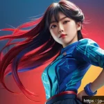 캐릭터 디자인의 글로벌 성공 사례 - A vibrant anime-style female character standing confidently in a dynamic pose, featuring a bold colo...