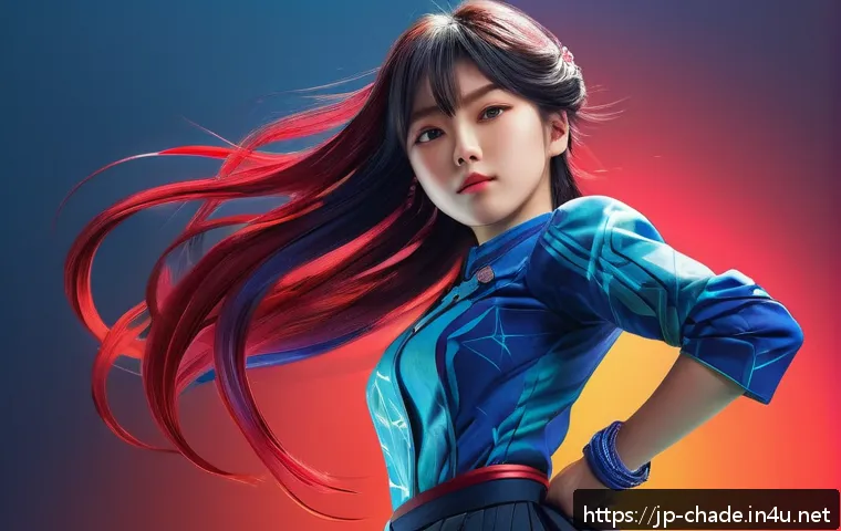 캐릭터 디자인의 글로벌 성공 사례 - A vibrant anime-style female character standing confidently in a dynamic pose, featuring a bold colo...