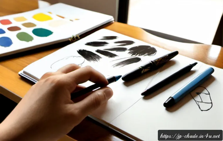 캐릭터 디자인 트렌드 리포트 - Photorealistic creative studio desk showing a character design trend report in progress, Japanese-in...
