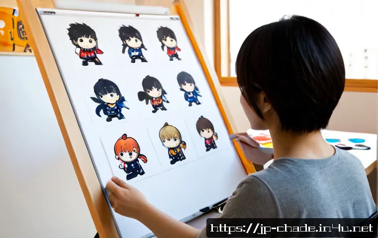 캐릭터 디자인 수익 모델 탐구 - Photorealistic creative studio scene, Japanese character designer reviewing original mascot sketches...