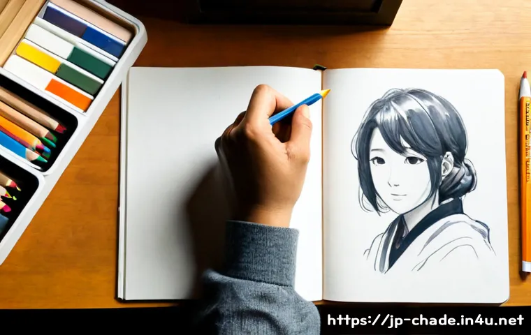 캐릭터 디자인의 창작 과정 - Photorealistic overhead view of a Japanese character designer’s tidy studio desk during the early cr...